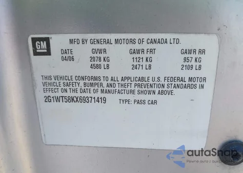 2006 Chevrolet Impala Lt z USA, uszkodzony, nr VIN 2G1WT58KX69371419